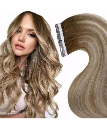 Laavoo real hair tape in extensions balayage blond hair extensions tape real hair invisible 30cm bonding real hair tape light brown ombre platinum blond #8/60/8 30g 20pcs 30cm-20PCs 2.5 #8/60/8
