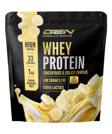 GEN GERMAN ELITE NUTRITION Elite Whey Protein Powder - 1000g Banana Milkshake - with whey isolate - up to 23g of protein per serving - instant