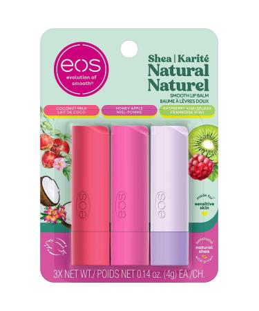 EOS 100% Natural & Organic Lip Balm Stick Variety Pack Coconut Milk Honey Apple and Raspberry Kiwi 12g 3-pack