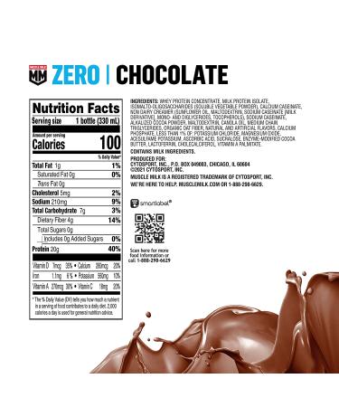 Muscle Milk Zero Protein Shake  Chocolate  11.16 Fl Oz Bottle  12 Pack  20g Protein  Zero Sugar  100 Calories  Calcium  Vitamins A  C & D  4g Fiber  Energizing Snack  Workout Recovery  Packaging May Vary Bottle Chocolate 11.2 Fl Oz (Pack of 12) - Buy Online on GoSupps.com