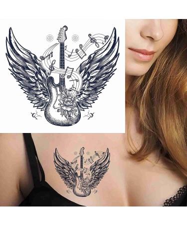 Dopetattoo 6 Sheets Temporary Fake Tattoos | Electric Guitar Roses Angel Wing Music Notes Rock Roll Design | Men Adults & Women | Neck Arm Chest - Buy Online on GoSupps.com