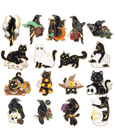 17 Pieces Black Crow Kitty Enamel Pins Set Cute Kawaii Cat Backpack Brooch Pins Art Moon Rose Lapel Pin Aesthetic Badges for Women Men Clothing Bags Lapel Jackets Hats DIY Accessories Gift