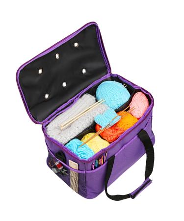 Knitting Bag, LEMESO Yarn Tote Storage Organizer Portable Individual Compartments & High Capacity for Carrying Unfinished Project Crochet Hooks Needles Accessories Purple