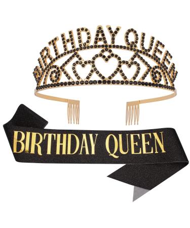 COCIDE Birthday Sash for Girls Black Gold Tiara and Crowns for Women Birthday Decorations Set Rhinestone Headband Crystal Hair Accessories for Cake Toppers Birth Hairpiece Hair Band for Party Gift Birthday Queen Black Go...