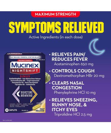 Mucinex Nightshift Sinus Maximum Strength 20 Caplets - Fast Night Relief for Sinus Pain, Fever, Cough, Congestion, and Allergies - Buy Online on GoSupps.com