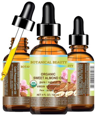 Botanical Beauty Organic SWEET ALMOND OIL 100% Pure Natural Virgin Unrefined Undiluted Cold Pressed Carrier Oil for Face Skin Body Hair Massage Nails. 4 Fl. oz - 120 ml