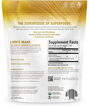 Om Mushrooms Lion's Mane Powder - 100% Organic, 7.05 oz (200 g) - Enhance Cognitive Function - Buy Online on GoSupps.com