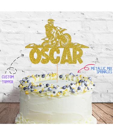 Cakeshop Cake Decoration Pack | Motorcross Dirtbike Theme Premium Double Sided Glitter Card Cake Topper & 25g Party Pack of Cake Sugar Sprinkles | Custom Name Cake Decorations (Gold) Prime Glitter Card: Gold - Buy Online on GoSupps.com