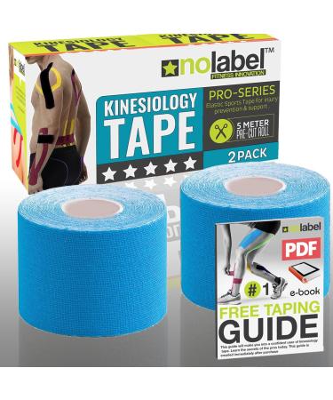 NO LABEL Blue Pre Cut Kinesiology Tape - 5m Roll Pre-Cut Blue Body Tape - Blue Sports Tape - Blue Medical Tape - Blue Physio Tape - Blue Muscle Tape For Muscle Recovery - Free PDF Ebook Taping Guide Blue 2 x Rolls