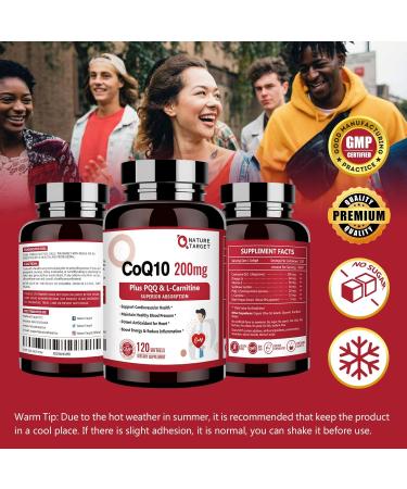NATURE TARGET CoQ10 200mg with PQQ & L-Carnitine | High Absorption Coenzyme Q10 with Omega-3s | Supports Heart Immune System & Energy Production | 120 Servings - Buy Online on GoSupps.com