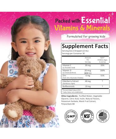 Kiddivit Zinc Kids Liquid Drops with Elderberry Vitamin D3 & C 30 Daily Servings 2 FL OZ (60 mL) Immune Support for Children Sugar Free Gluten Free Vegetarian - Buy Online on GoSupps.com