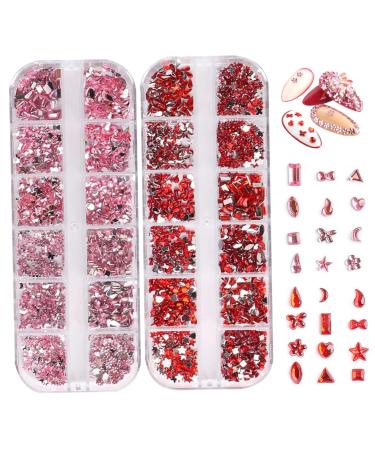 Nail Art Gems Nail Gems 2 Plates Rhinestones for Nail Art 2 Colors 12 Grids Different Shape 3D Nail Art Gems with Rhinestone Picker Dotting Pen for Beginners Nails Salon Craft Style1 red