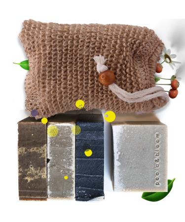Handmade natural soap in the Sisal soap bag - 4 set shower soap for men - solid core soap including soap bags - Fixed shower gel for men - for personal hygiene cleaning & care with sisal soap bag