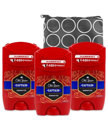 Ol Spice Captain Deodorant Travel Size Set - 3 PACK Ol Spice Invisible Solid Captain Deodorant 1.69 Oz Bundle with Travel Bag | Travel Size Deodorant Men