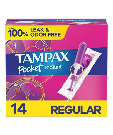 Tampax Radiant Pocket Tampons Plastic Applicator Regular Absorbency 14 Count