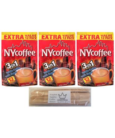 NYCoffee Instant 3 in 1 Coffee sachets Regular White Coffee with Sugar Comes with Kingdom Supplies Coffee Stirrers Just Add Hot Water & Stir 36 Sachets 36 Stirrers
