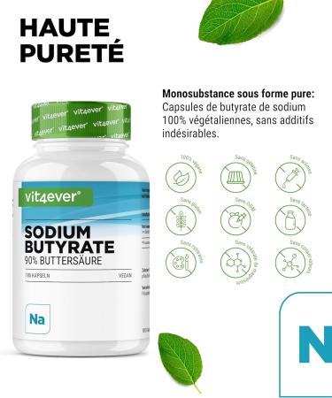 Butyrate de sodium - 180 g lules de 600 mg - Premium : 90% d'acide butyrique - Butyrate de sodium pur sans additifs ind sirables - Hautement dos v g talien - Buy Online on GoSupps.com