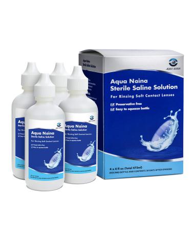 Aqua Naina - Preservative Free Sterile Saline Solution (4x 4Fl. Oz) - Unisol 4 Replacement - Contact Solution for Cleaning, Rinsing and Storing Soft Contact Lenses.