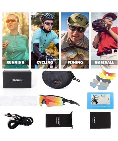 ITSCOOL Polarized Sports Sunglasses with 5 Interchangeable Lenses | Men Women Baseball Cycling Glasses - Black+Orange - Buy Online on GoSupps.com