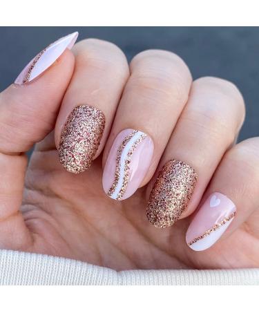 Novo ovo nails to stick on short oval almond pink french tip press on nails pink golden glitter white heart oval almond -shaped artificial fingernails for sticking out artificial nails with glue snow love