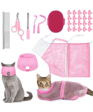 9 Pieces Cat Bathing Bag Set Cat Shower Bag Anti Bite and Anti Scratch Cat Grooming Bag for Pet Washing Brush Comb, Cat Muzzle, Nail Clipper, Nail File, Tick Tool Pink