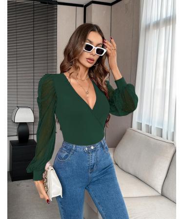 Fayenne Womens Tops Deep V Neck Cross Wrap Sexy Tops Polka Dot Mesh Long Sleeve T Shirt Casual Blouses XL Dark Green - Buy Online on GoSupps.com