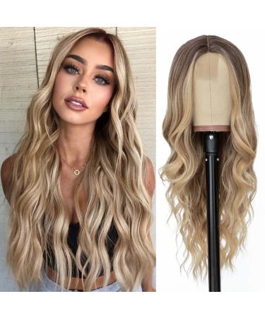 NAYOO Long Ombre Blonde Wavy Wig for Women 26 Inch Middle Part Curly Wavy Wig Natural Looking Synthetic Heat Resistant Fiber Wig for Daily Party Use (Ombre Blonde) 26 Inch (Ombre Blonde)