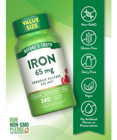 Nature's Truth Iron Tablets 65mg | 240 Count | 325mg Ferrous Sulfate | Vegan Non-GMO & Gluten Free Supplement - Buy Online on GoSupps.com