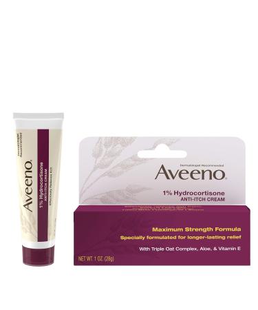 Aveeno Maximum Strength 1% Hydrocortisone Anti-Itch Cream with Pure Oat Essence Triple Oat complex Aloe & Vitamin E For Itch Rash & Redness Relief from Eczema Psoriasis Insect Bites & Poison Ivy Oak & Sumac 1 Oz