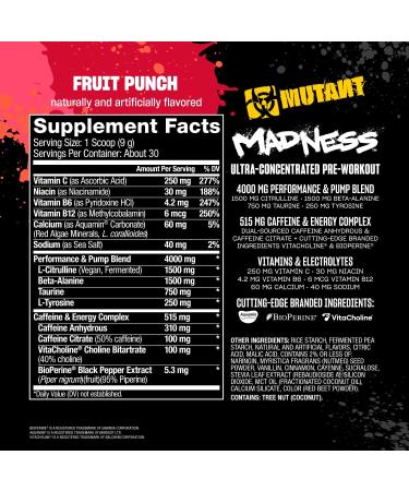 MUTANT Madness | Ultra-Concentrated Pre-Workout | Pump booster | 360mg Caffeine, 4g Pump & Performance Blend, Beta-Alanine, Energy & Focus | 30 Serving | Fruit Punch - Buy Online on GoSupps.com