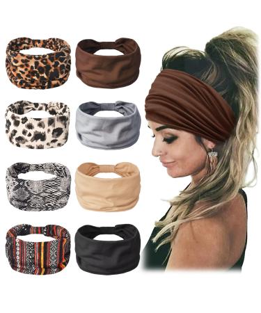 Women Headbands African Boho Wide Turbans Black Elastic Knotted Head Wrap Leopard Large Sport Workout Hair Band 8 PCS