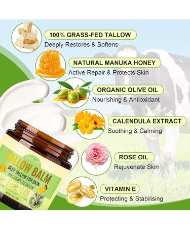 LAITYUM Beef Tallow for Skin -4oz Organic Tallow and Honey Balm for Face Moisturizer 100% Grass Fed Beef Tallow Cream Natural Whipped Tallow Balm Deeply Nourishment for Body Dry Cracked Sensitive Skin - Buy Online on GoSupps.com