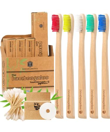 Bamboo Toothbrushes Pack of 5 - Cotton Buds & Dental Floss Included - Organic & 100% Biodegradable - Medium Firm Bristles Plastic-Free Packaging Adult Color