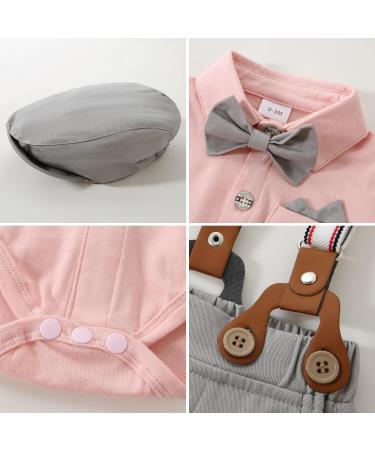 Baby Boy Gentleman Suit Set | Formal Tuxedo Romper + Pants + Beret Hat | 12-18 Months | Pink - Buy Online on GoSupps.com