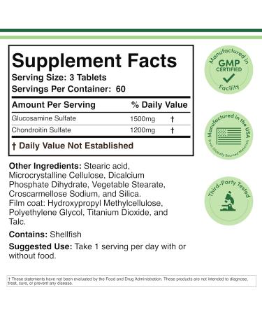 Glucosamine Chondroitin Triple Strength (1,500mg Glucosamine Sulfate 1,200mg Chondroitin) 180 Tablets Two Month Supply (Joint Support Supplement) Gluten Free Non-GMO by Double Wood - Buy Online on GoSupps.com