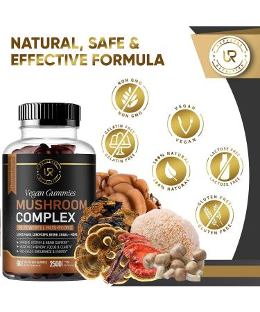 Mushroom Gummies 10 Supplement Blend 2500mg | Turkey Tail Chaga Reishi Cordyceps Lions Mane Extracts | Nootropic Brain Booster for Focus Memory Clarity Energy | 60ct - Buy Online on GoSupps.com