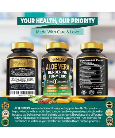 Tenmido Aloe Vera Capsules Supplement - 12in1 Formula - Combine with Berberine Turmeric Ceylon Cinnamon Banaba Leaf Gymnema Sylvestre Acai Berry Bergamot Garlic and More - 120 Capsules - Buy Online on GoSupps.com