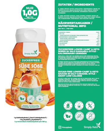 Simply Keto Dessert Sauce - Sugar-Free Salted Caramel Flavor | Low Carb 1g Net Carbs 7 kcal/100g | Aspartame & Sucralose Free - 350ml - Buy Online on GoSupps.com