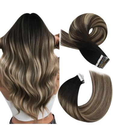 Moresoo Human Hair Extensions Tape in Real Hair Balayage Tape in Hair Extensions Black Root Ombre to Brown with Caramel Blonde Tape in Human Hair 16 Inch 20 Pieces/50g #1B/3/27 16 Inch 1.#1B/3/27