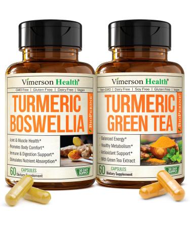 Boswellia Turmeric Curcumin Supplement + Turmeric Green Tea Bundle Supports Joint Health Energy & Inflammation Balance with Ginger Root Tumeric Powder Green Tea Extract (ECGC) & Vitamin C
