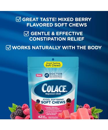 Colace Stool Softener Soft Chews Gentle Constipation Relief No.1 Doctor Recommended Stool Softener Brand 42 Mixed Berry Chews 42 Count (Pack of 1) - Buy Online on GoSupps.com