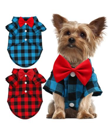 GINDOOR 2 Pack Plaid Dog Shirt - Cute Boy Dog Clothes and Bow Tie Combo Dog Outfit Dog Clothes for Small Medium Large Dogs Cats Birthday Party and Holiday Photos