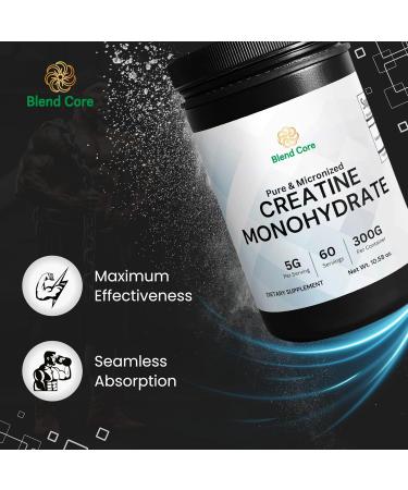 Blend Core Creatine Monohydrate Micronized Powder 300G 5000mg Per Serv (5g) - 60 Servings Unflavored for Men & Women Athletes Gym Body Builders - for Muscle Strength & Recovery - Buy Online on GoSupps.com