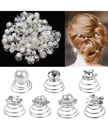 Midodo 84 pieces of hair spiral wedding pearls rhinestone 7 styles bride hair jewelry hairpins silver flowers hair spirals rhinestone bride hair clip for women girls wedding 84pcs