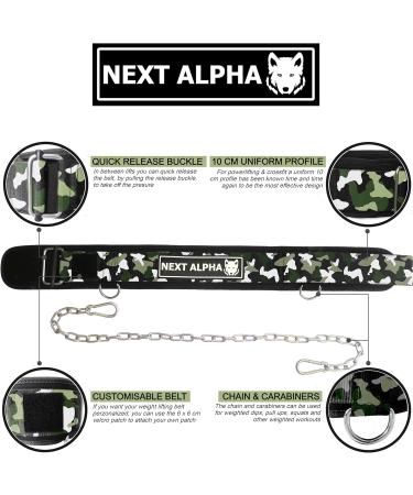Custom Next Alpha Weight Lifting Belt & DIP Belt Combo - Self-Locking Buckle & Chain - Green Camouflage for Men & Women | International Shipping - Buy Online on GoSupps.com