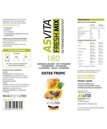 ASVITA Beverage Concentrate Fresh Mix 1:80 - 1L Sugar-Free Syrup with Dosing Pump | 26 Delicious Flavors (Iced Tea Tropic) - International Shipping Available - Buy Online on GoSupps.com