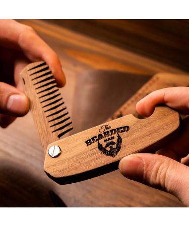 Folding Walnut Beard Comb for Men - Engraved Bearded Man Design - Buy Online on GoSupps.com