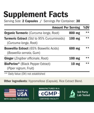 Turmeric Curcumin Boswellia with Ginger & BioPerine - 95% Curcuminoids, Joint & Cartilage Support - 60 Vegan Capsules - Buy Online on GoSupps.com