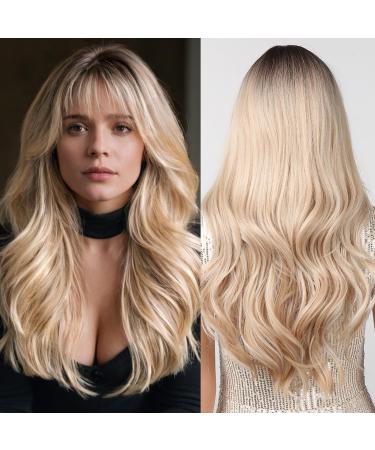 Allbell blond wig for women long wavy hair dark roots blond wig with pony natuarl looking synthetic hair relacement for daily wedding use platinum blonde with dark approach - Buy Online on GoSupps.com