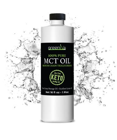 GreenIVe MCT Oil 100% Pure C8 C10 Caprylic Capric Acid Non-GMO Keto Paleo Bulletproof Coffee Creamer Energy Fuel Carrier Oil Skin Hair Massage Oil Fractionated Coconut Oil Alternative 16 fl oz 16 Fl Oz (Pack of 1)